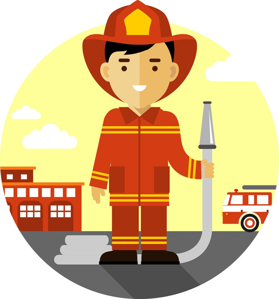 Brandweerman met Brandslang in vlakke stijl - Vector, afbeelding