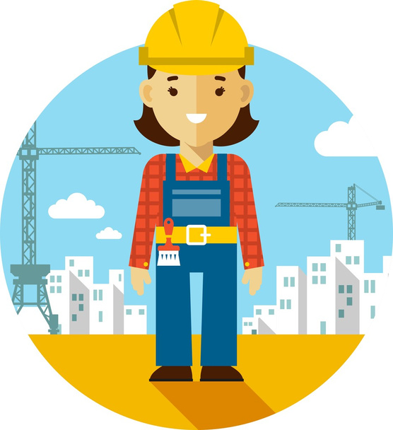 Mujer constructora sobre fondo de construcción en estilo plano
 - Vector, Imagen