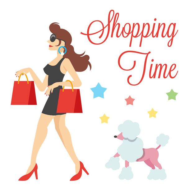 ショッピング バッグとプードルかわいい女性をエレガントなベクトル イラスト - ベクター画像