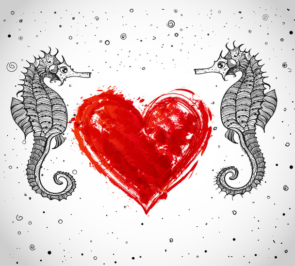 Couple of seahorses and heart - Vektör, Görsel