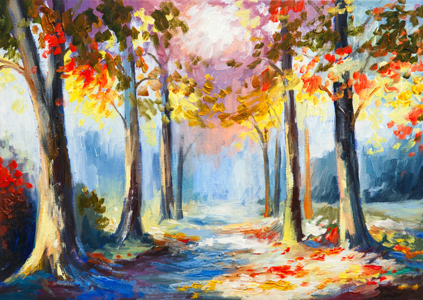 Pintura al óleo - paisaje de primavera colorido, camino en el bosque, acuarela abstracta
 - Foto, Imagen
