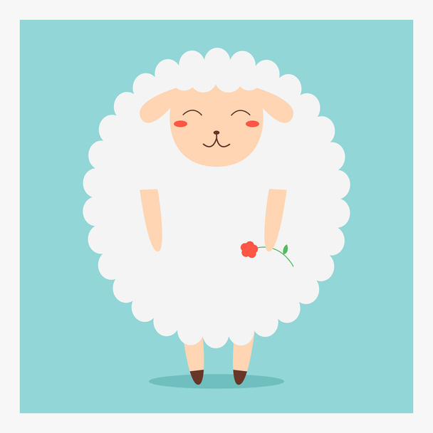 vector cute happy flat domestic animal sheep with red flower on hand - Vector, Image