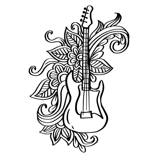  Doodle dessin illustration de guitare avec ornement floral. - Vecteur, image