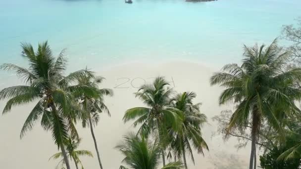 Úžasný letecký pohled na rok 2024 napsaný na bílé písečné pláži v krajině tropického ráje, s kokosovými palmami a křišťálově čistou tyrkysovou vodou. - Záběry, video