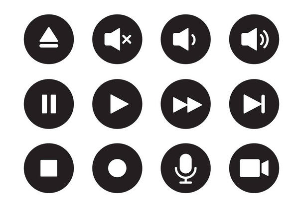 Audio, video, music player circle button icon. Sound control, play, pause button solid icon set. Camera, media control, microphone interface pictogram. Vector illustration. - Vetor, Imagem