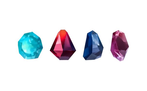 Brillante Kristalle aus Glas mit verschiedenen Schattierungen, die das Licht reflektieren. Eine Sammlung von Bildern von Diamanten in verschiedenen geometrischen Formen, Farben und Größen.. - Vektor, Bild
