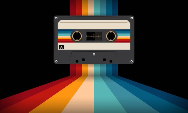 Retro musiccasette with retro colors eighties style, cassette tape, vector art image illustration, mix tape retro cassette design, Music vintage and audio theme,  Synthwave and vaporwave template - Vector, Image