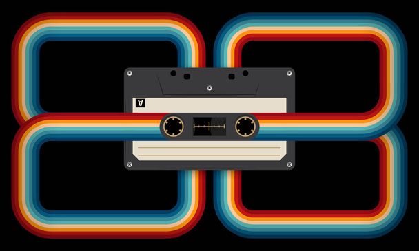 Retro musiccasette with retro colors eighties style, cassette tape, vector art image illustration, mix tape retro cassette design, Music vintage and audio theme,  Synthwave and vaporwave template - Wektor, obraz