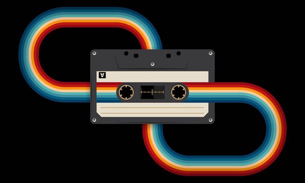 Retro musiccasette with retro colors eighties style, cassette tape, vector art image illustration, mix tape retro cassette design, Music vintage and audio theme,  Synthwave and vaporwave template - Vettoriali, immagini