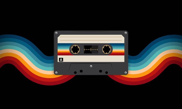 Retro musiccasette with retro colors eighties style, cassette tape, vector art image illustration, mix tape retro cassette design, Music vintage and audio theme,  Synthwave and vaporwave template - Vektör, Görsel