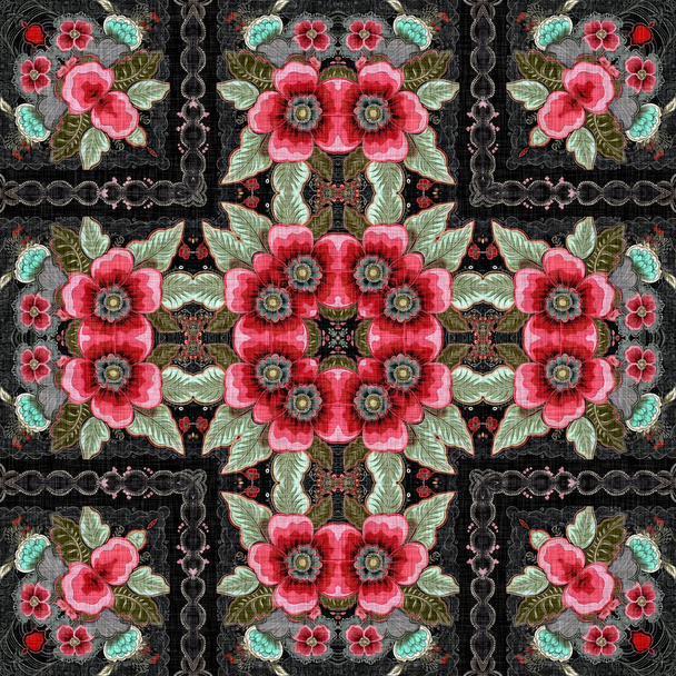 Çingene tarzı Boho folklorik çiçek deseni. Siyah ve kırmızı gotik moda renkleriyle tekrarlanabilir kumaş efekti - Fotoğraf, Görsel