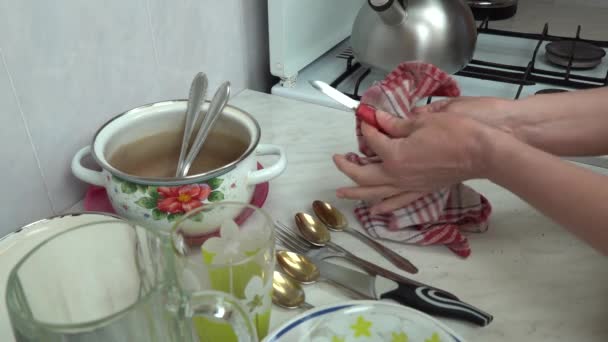 Woman hands with dry towel wipe dishes in surface table close-up. Housewife makes clean of washed fork and spoon napkin. Housekeep cleaning household chores kitchen utensile. Wipe wet dishware at home. - Footage, Video