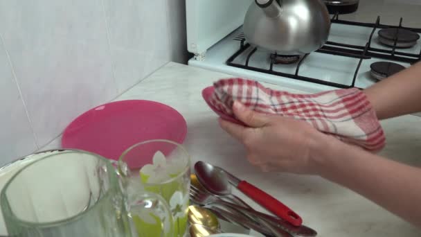 Vrouw handen met droge handdoek veeg schotels in oppervlaktetafel close-up. Huisvrouw maakt schoon van gewassen servet. Huishoudelijke schoonmaak huishoudelijke klusjes keukengerei. Schoonmaakster veegt natte vaatwerk thuis af. - Video