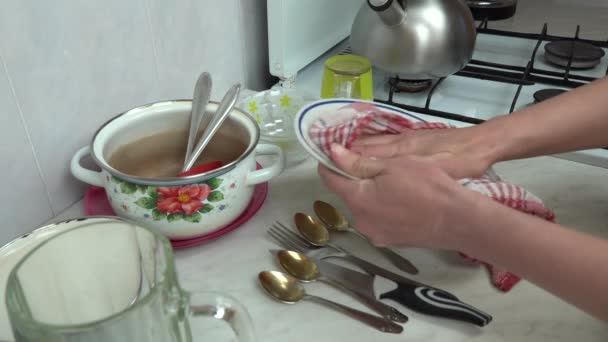 Woman hands with dry towel wipe dishes in surface table close-up. Housewife makes clean of washed plate napkin. Housekeep cleaning household chores kitchen utensile. Maid wipe wet dishware at home. - Footage, Video