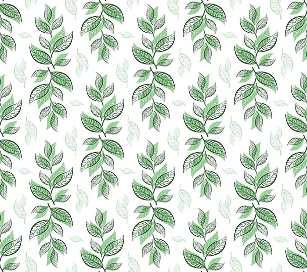 Seamless floral pattern with green leaves isolated on white background. Vector illustration. Design for textiles, packaging, fabrics, wrapping paper, covers, wallpaper. - Vector, imagen