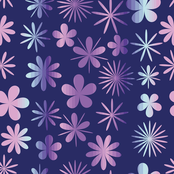 Сині яскраві квіти безшовний векторний візерунок Різні форми квітів у фіолетовому, синьому та рожевому кольорах. Квітковий векторний малюнок
 - Вектор, зображення