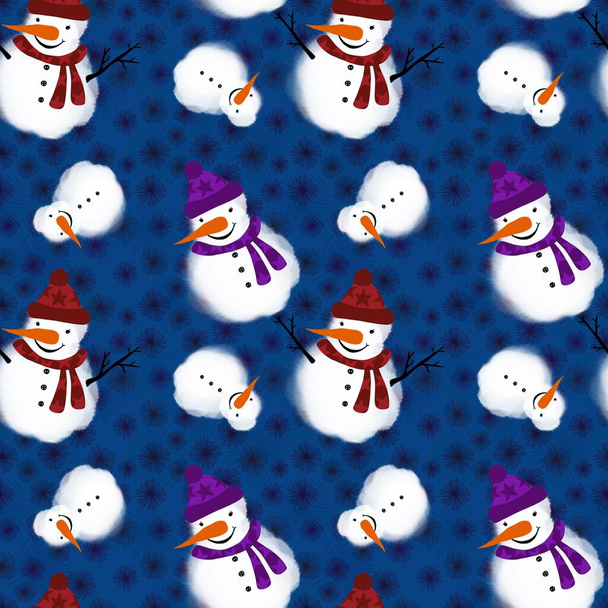 Winter seamless snowman and snowflakes pattern for Christmas wrapping paper and kids notebooks and accessories and fabrics. High quality illustration - Foto, Imagen