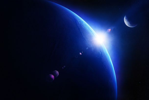 Γη Ανατολή του ηλίου με Σελήνη στο χώρο - Φωτογραφία, εικόνα