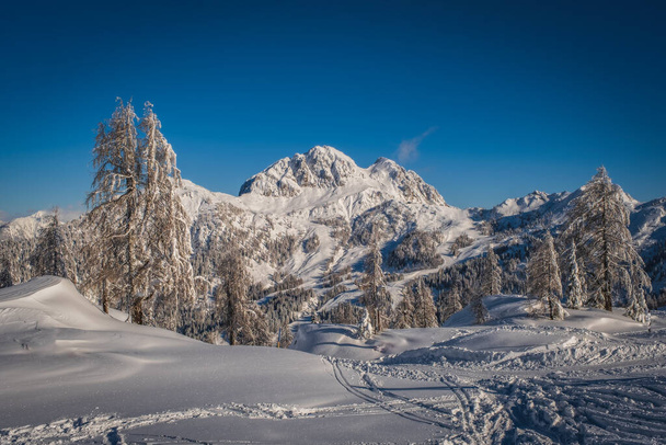 Estância de esqui de montanha Nassfeld perto de Hermagor, Áustria visão matinal de pistas bem preparadas sem pessoas. Janeiro de 2022 - Foto, Imagem