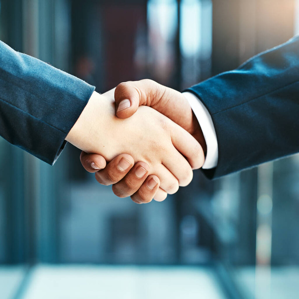 Handshake closeup, business people and collaboration, agreement and support with networking, welcome and introduction. Hiring, recruitment and promotion, corporate team shaking hands and partnership. - 写真・画像