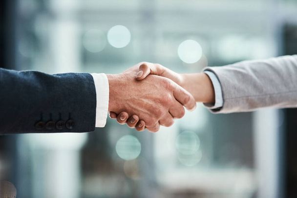 Business people, handshake and partnership meeting, welcome and introduction or job agreement and success. Professional man, partner or corporate clients shaking hands in thank you, interview or deal. - Фото, зображення