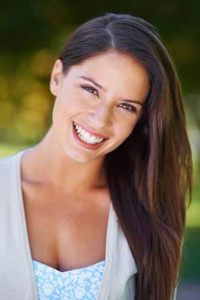 Happy, smile and portrait of a woman with dental care in a park in summer for beauty, oral hygiene and confident in nature. Face, garden and young female person outdoor with clean mouth or dentistry. - Фото, зображення