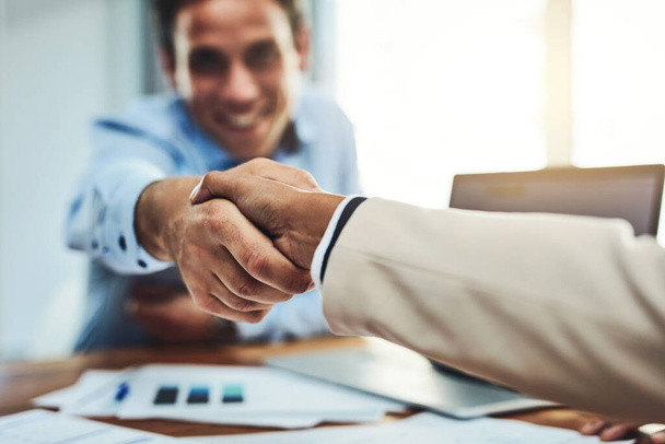 Businessman, handshake and meeting for partnership, deal or b2b agreement at the office. Business people shaking hands for greeting, welcome or hiring in recruitment, teamwork or growth at workplace. - Foto, Imagen