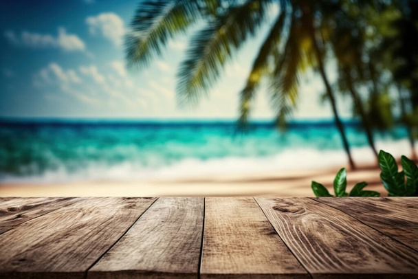 Yazlık ürün gösterisi ya da seyahat reklamı için güzel plajın bulanık arka planında boş ahşap masa. Düzenleme için masa üstünde özelleştirilebilir alanı olan piknik masası. Kusursuz. - Fotoğraf, Görsel