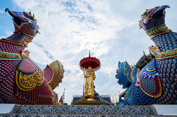CHIANG MAI, THAILAND - April 24, 2020 : Khru Ba Thueng statue at Ban Den temple, Chiang Mai province. - Zdjęcie, obraz