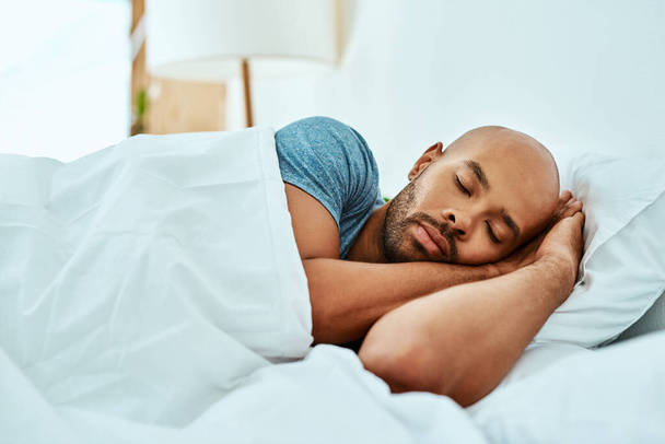 Relax, sleeping and man in bed, home and wellness with peace, comfortable or happiness. Male person, African or guy in a bedroom, healthy rest or dreaming with comfort, sleepy or tired with a blanket. - Photo, Image