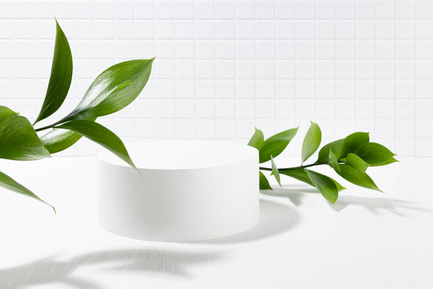 Summer abstract white stage with one round podium mockup for presentation cosmetic products, advertising, design in light interior, tiny mosaic tile, fresh tropical green leaves in sunlight, shadow.  - Foto, immagini