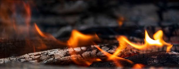 Feu de camp pour cuisiner dans la forêt. Un feu ardent. Le feu brûle dans la forêt. Texture brûlante du feu. Brûler des branches sèches. Incendie touristique dans la forêt. Texture des branches brûlantes. - Photo, image