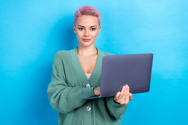 Photo of successful gorgeous lady wear stylish clothes use netbook write sms message modern device isolated on blue color background. - Valokuva, kuva
