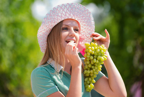Young woman eating fresh grapes. Portrait of attractive caucasian smiling woman eating grapes. Woman is harvest grapes at farm - Фото, зображення