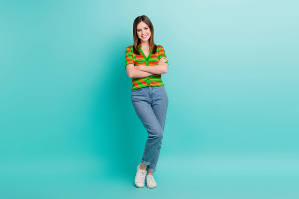 Full length photo of stunning pretty lady wear stylish clothes arm crossed presenting collection outfit isolated on cyan color background. - Φωτογραφία, εικόνα
