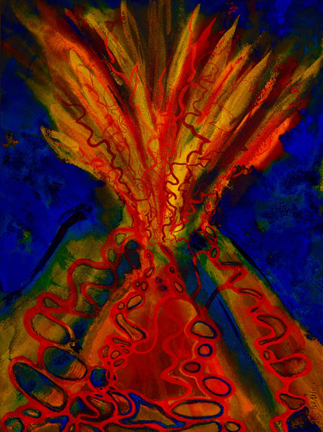 Erupting volcano with golden flames. The dabbing technique near the edges gives a soft focus effect due to the altered surface roughness of the paper. - Photo, Image