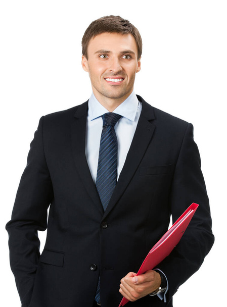 Portrait of happy smiling business man with red folder, isolated over white background - Фото, зображення