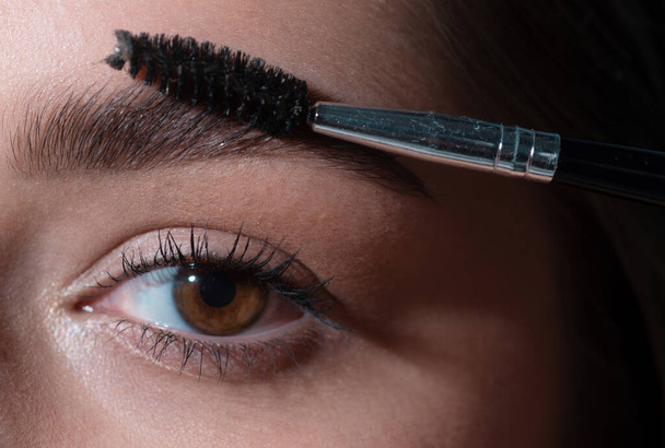 Eyebrow makeup. Professional care for brows, coloring and lamination. Macro close up of brows. Woman brushing brows with brows brush closeup - 写真・画像