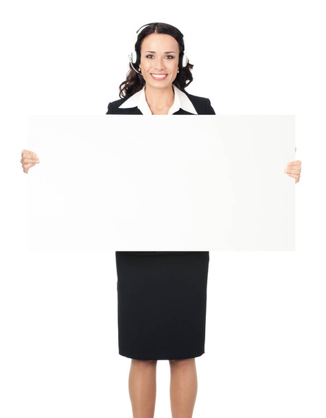 Full body of smiling young business woman showing blank signboard, isolated over white background - Zdjęcie, obraz