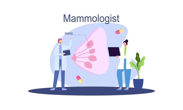 Consulta de concepto de mamólogo con el médico sobre la idea de enfermedad de mama de la atención médica y médica - Vector, imagen