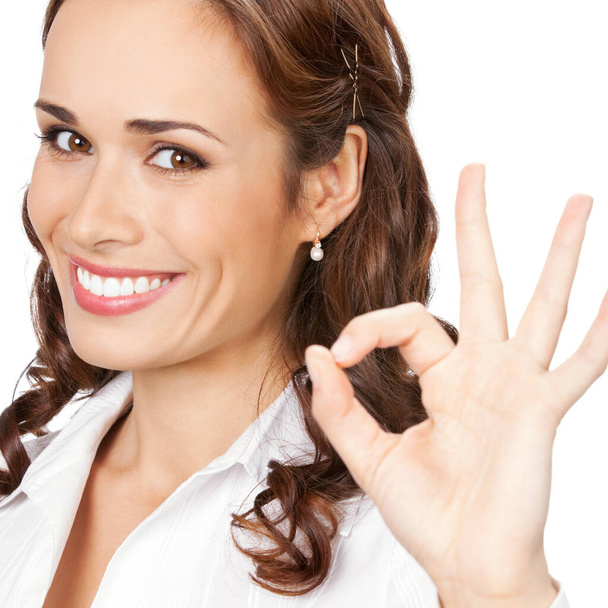Happy smiling business woman with okay gesture, isolated over white background - Φωτογραφία, εικόνα