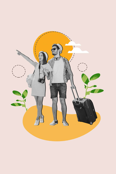 Vertical travel collage image advertisement couple find booking new apartment resort near seaside after flight isolated on beige background. - Fotoğraf, Görsel