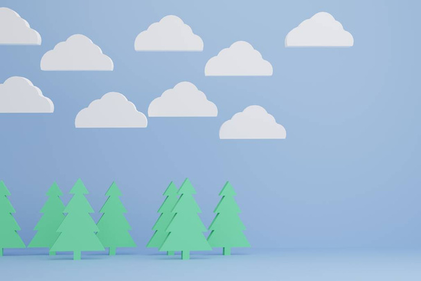 sosny i niebo Trójwymiarowy obraz, natura, las, błękitne niebo z chmurami, pomoce dydaktyczne przedszkola, 3D - Zdjęcie, obraz