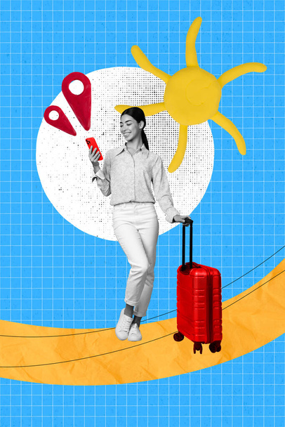 Vertical collage of black white colors girl use smart phone navigation mark suitcase plasticine sun isolated on blue background. - Фото, зображення