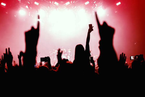 Publiczność z podniesionymi rękami na parkiecie na festiwalu muzycznym - Zdjęcie, obraz