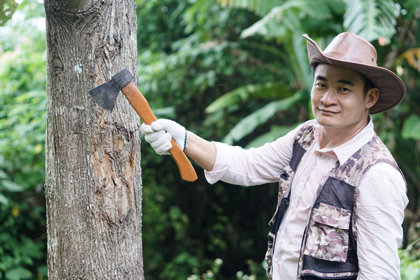 アジアの男は帽子をかぶっていて、木の幹を切る斧を持っている。概念は、大工や木材ジャック、木製のカッターのための手動ツール。伝統的な武器木を倒します。森を破壊する. - 写真・画像