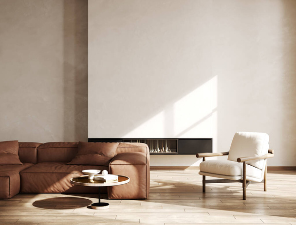 Современный макет интерьера гостиной с кожаным диваном, креслом и камином, 3D рендеринг - Фото, изображение