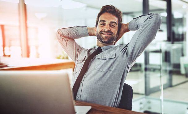 Businessman, relax and portrait smile on break for stretching, positive mindset or completion at office. Happy man person or employee relaxing and smiling with hands behind head for mental health. - Photo, Image