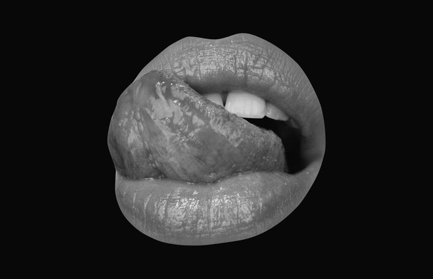 Open mouth with red female lips and tongue isolated icon - Foto, imagen