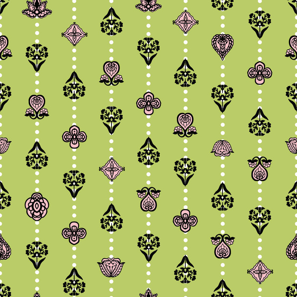 Formes géométriques patrimoniales motif de répétition sans couture avec des points. Éléments bohèmes vectoriels dessinés à la main sur fond vert. - Vecteur, image